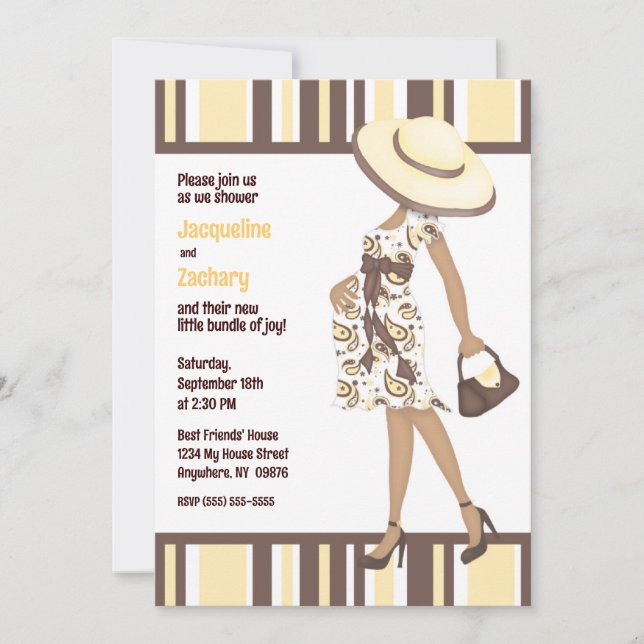 Mum-to-Be (dark skin) Yellow Striped Baby Shower Invitation (Front)