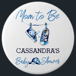 Mum to be it's a boy baby shower personalised 6 cm round badge<br><div class="desc">Mum to be It's a boy blue baby shoes a cap simple modern baby shower personalised button.</div>