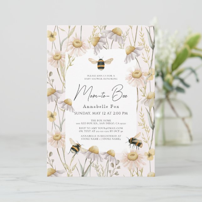 Mum to Bee Chamomile & Daisies Pink Baby Shower Invitation (Standing Front)