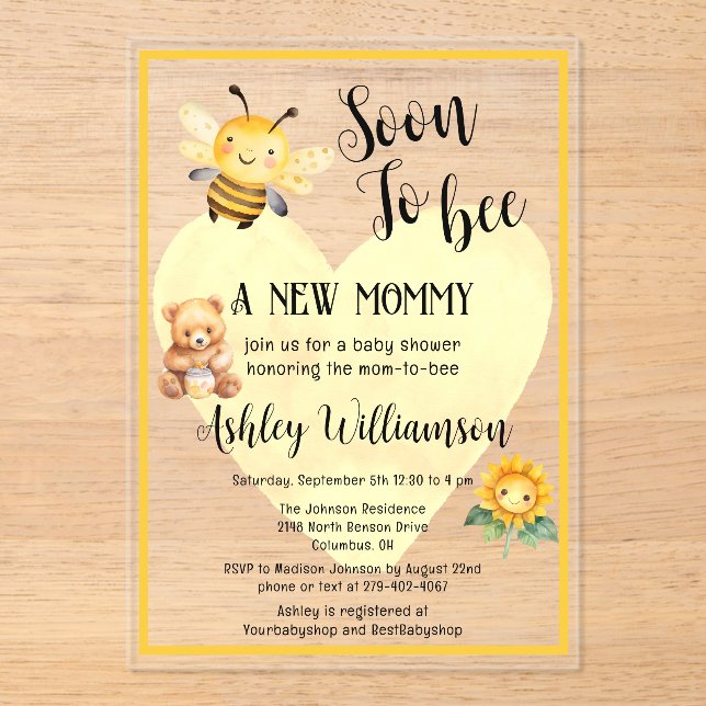 Mum-to-Bee Honey Bear Baby Girl Shower Acrylic  Invitations (Front)