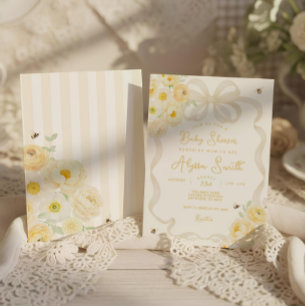 Mum to Bee Yellow Stripes and Floral Baby Shower Invitation