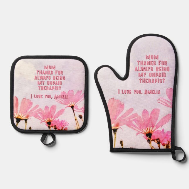 Mum Unpaid Therapist Funny Floral Mother's Day Oven Mitt & Pot Holder Set (Front)