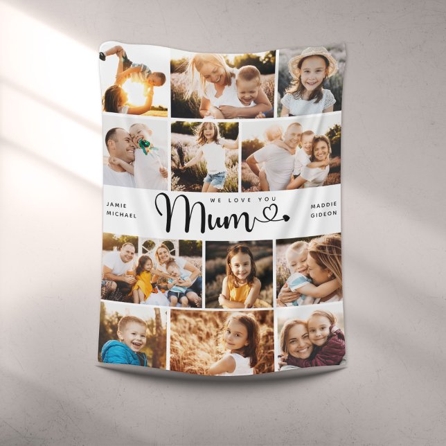  Mum We Love you Hearts Modern Photo Collage Fleece Blanket (Surprise your mum this Mother's Day with this (literally) heart warming keepsake blanket!)