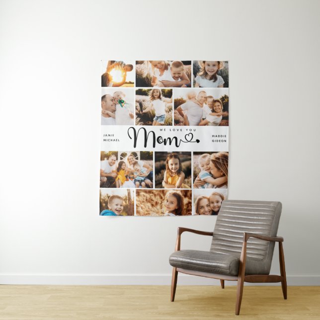  Mum We Love you Hearts Modern Photo Collage Tapestry (In Situ)
