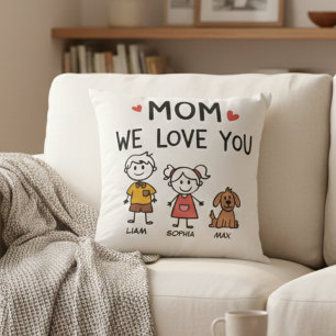 Mum We Love You Kids and Dog Family Names Cushion