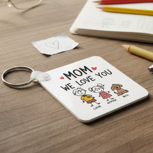 Mum We Love You Kids and Dog Family Names Key Ring