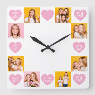 Mum We Love You Kids Names 8 Photo Collage Heart Square Wall Clock