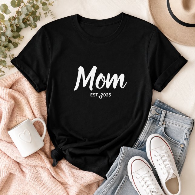 Mum White Script Established Date Custom Text  T-Shirt (Add year(s) to customize your 'Mom Established' Tee)
