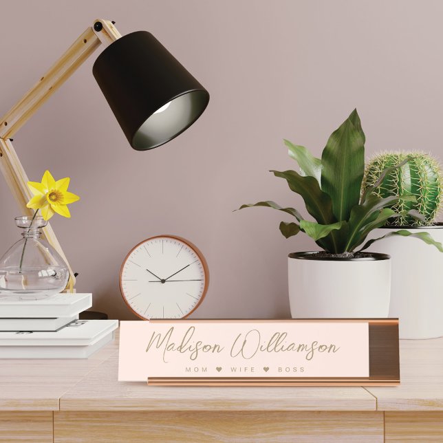 Mum, Wife, Boss Custom Elegant Trendy Script Pink Desk Name Plate (Creator Uploaded)