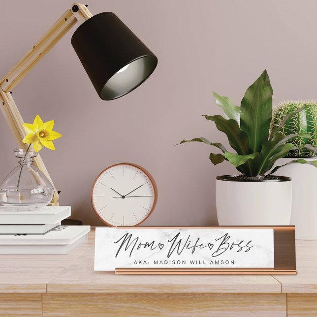 Mum, Wife, Boss Trendy Brush Script & White Marble Desk Name Plate (Creator Uploaded)