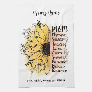 Mum Words Personalised Dahlia Flower Kids Mum Name Tea Towel