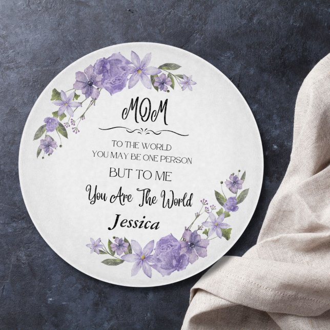 Mum You Are The World Personalised Cutting Board (Personalized cutting board - "You Are My World" Text with Name, Floral Design, Unique Gift to Mom)