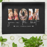 Mum You're the Best Quote Black Photo Collage Tea Towel<br><div class="desc">This Mother's Day custom photo collage kitchen towel features three photos to change to your own decorating the word art, "MOM" and below in hand lettered modern white script typography it reads "you're the best" with personalised names to sign accented by hearts on a black background. Show your mother you...</div>