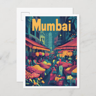 Mumbai India Art Vintage Travel Illustration Postcard