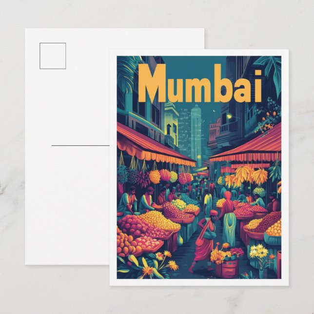 Mumbai India Art Vintage Travel Illustration Postcard (Front/Back)