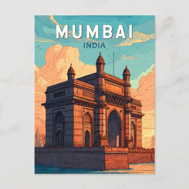 Mumbai India Illustration Travel Art Vintage Postcard (Front)