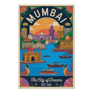 Mumbai India Retro Travel Poster Art
