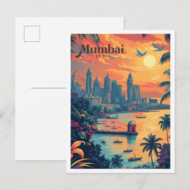 Mumbai India Vintage Art Travel Illustration Postcard (Front/Back)