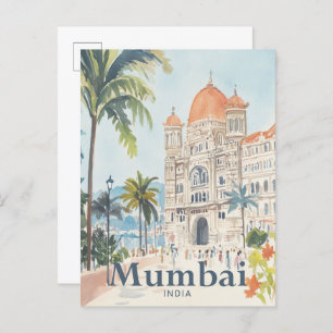 Mumbai India Watercolor Painting Travel Postcard