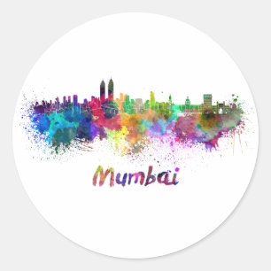 Mumbai skyline in watercolor classic round sticker