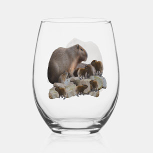 Mummy And Baby Capybaras, Stemless Wine Glass
