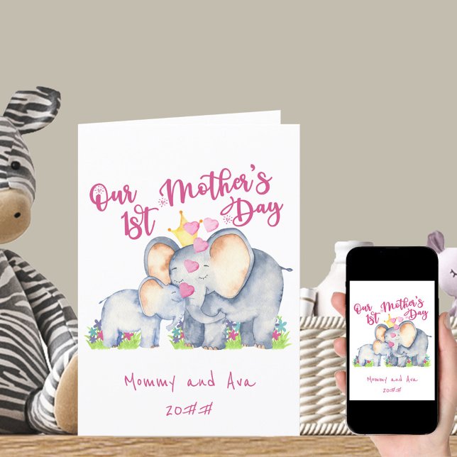 Mummy and Baby Elephant Pink 1st Mothers Day Card (Creator Uploaded)