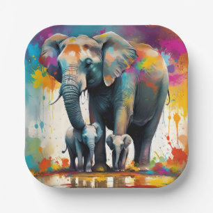 Mummy And Baby Elephants Colour Splash, Paper Plate