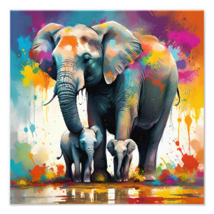 Mummy And Baby Elephants Colour Splash, Photo Print