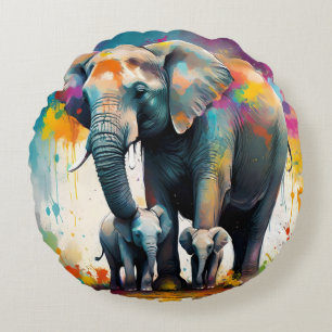 Mummy And Baby Elephants Colour Splash, Round Cushion