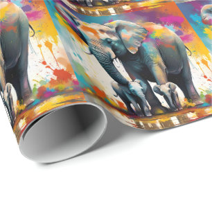 Mummy And Baby Elephants Colour Splash, Wrapping Paper