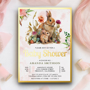 Mummy and Baby Floral Bunny Baby Shower Gold Foil
