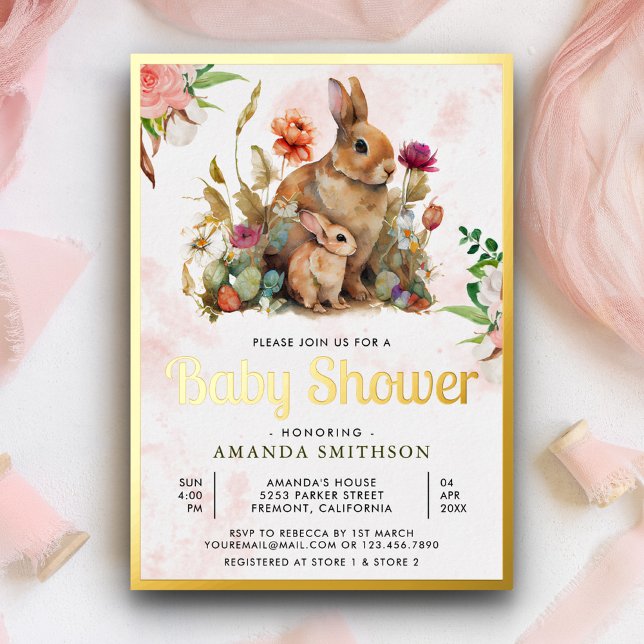 Mummy and Baby Floral Bunny Baby Shower Gold Foil (Creator Uploaded)