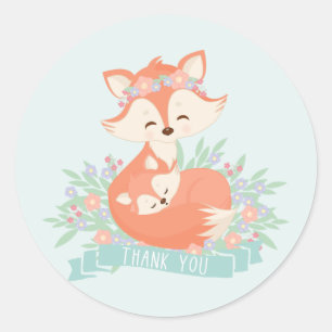 Mummy and Baby Fox Blue Boy Baby Shower Thank You Classic Round Sticker