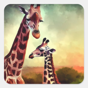 Mummy And Baby Giraffe Watercolour, Square Sticker