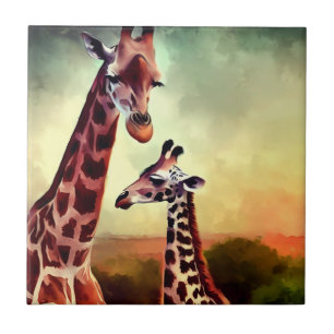 Mummy And Baby Giraffe Watercolour, Tile