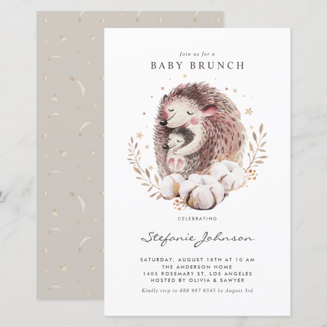 Mummy and Baby Hedgehog Baby Brunch Invitation (Front/Back)