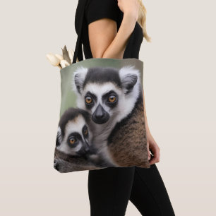 Mummy And Baby Lemur Cuddling, Tote Bag