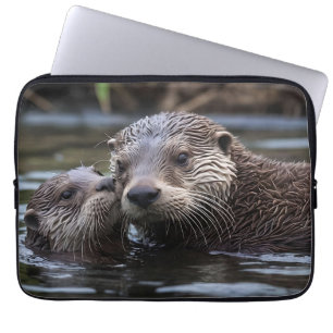 Mummy And Baby Otter Having A Cuddle In The River, Laptop Sleeve