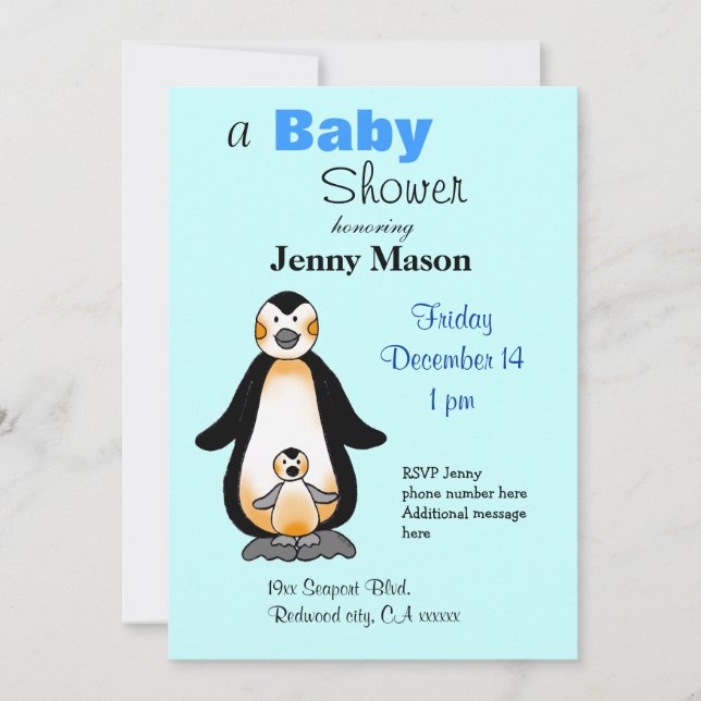 Mummy and baby penguin, baby shower invitation (Front)
