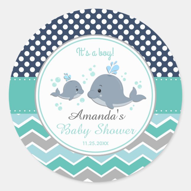 Mummy and Baby Whale Baby Shower Thank You Favour Classic Round Sticker (Front)