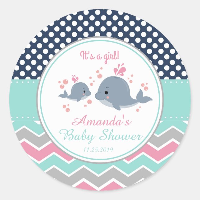 Mummy and Baby Whale Baby Shower Thank You Favour Classic Round Sticker (Front)
