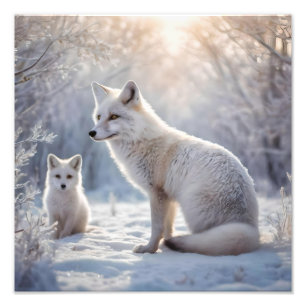 Mummy And Baby White Arctic Foxes, Photo Print