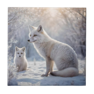 Mummy And Baby White Arctic Foxes, Tile