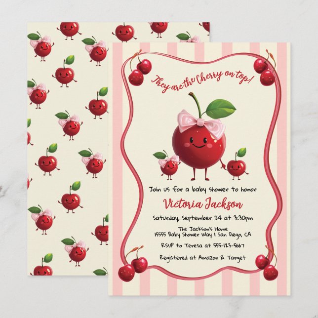 Mummy and twin boy girl Baby Cherry Baby Shower Invitation (Front/Back)