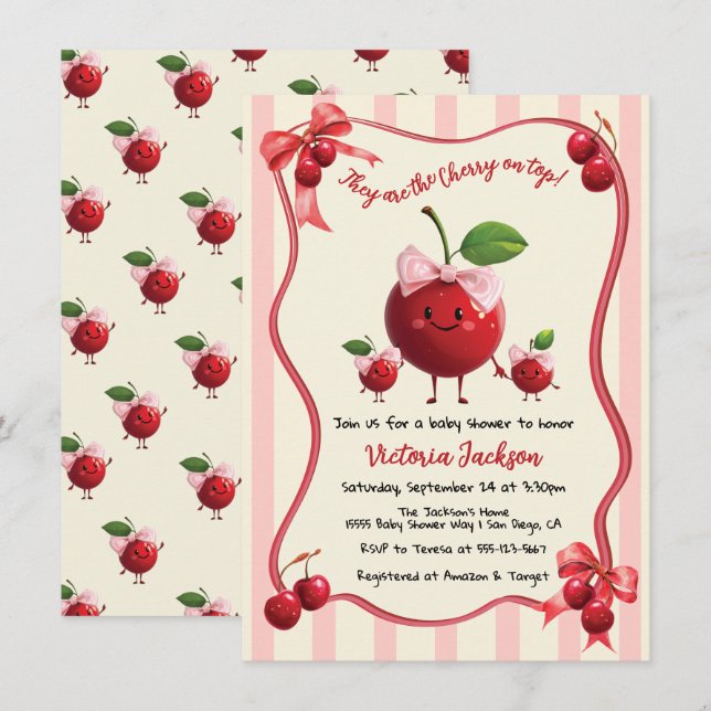 Mummy and twin girls Baby Cherry Baby Shower Invitation (Front/Back)
