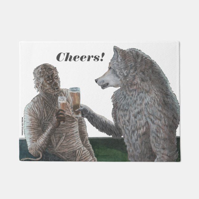 Mummy and Werewolf Drinking Beer Cheers Doormat (Front)