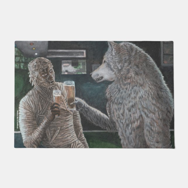 Mummy and Werewolf Drinking Beer Door Mat (Front)