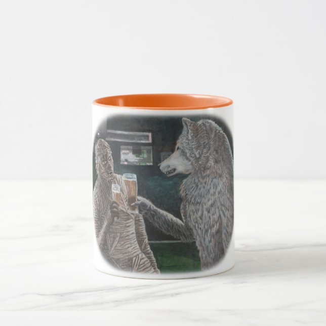 Mummy and Werewolf Drinking Fantasy Art Coffee Mug (Center)