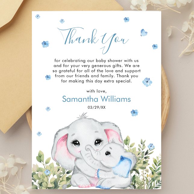 Mummy Baby Elephant Blue Watercor Baby Shower Thank You Card (Creator Uploaded)