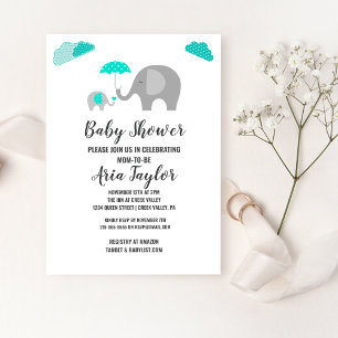 Mummy Baby Elephant with Clouds Baby Shower Invitation